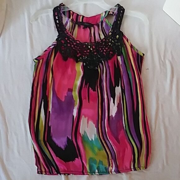 Heart Soul Silk Vibrant Watercolor Sparkly Lace Camisole Sleeveless Smock Blouse - Picture 2 of 7